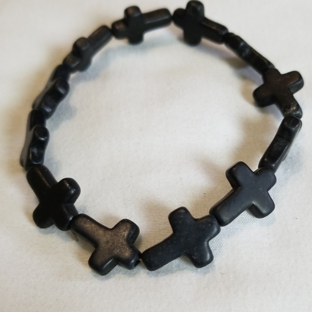 Black Cross Glass Stretch Bracelet